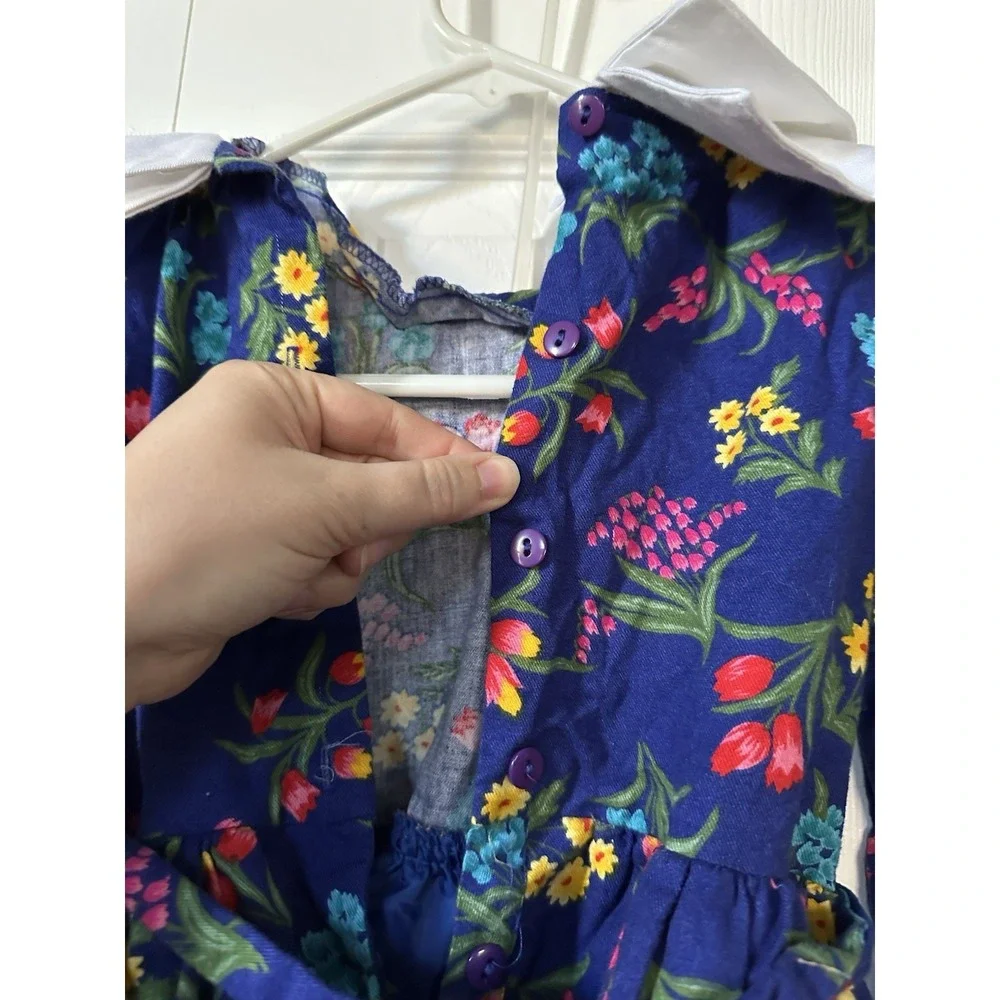 VTG 80s PLUM PUDDING Dress Girls 8 Blue Floral Holiday Cottage Tulle Lined